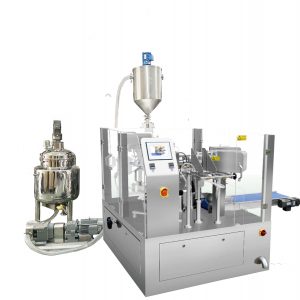 自动预制袋填充密封包装，带有用于液体和糊状物的活塞填料